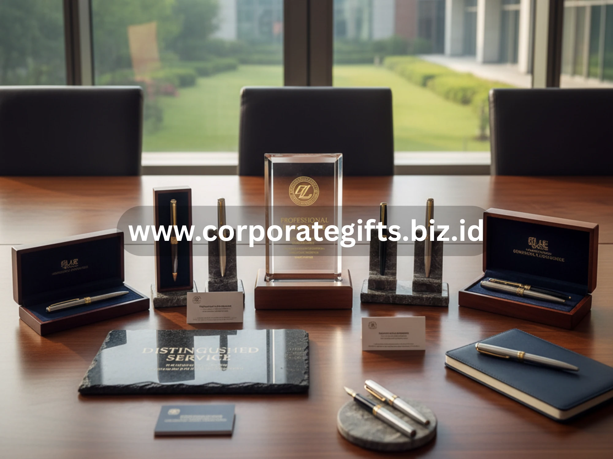 Plakat dan pena premium sebagai simbol apresiasi profesional